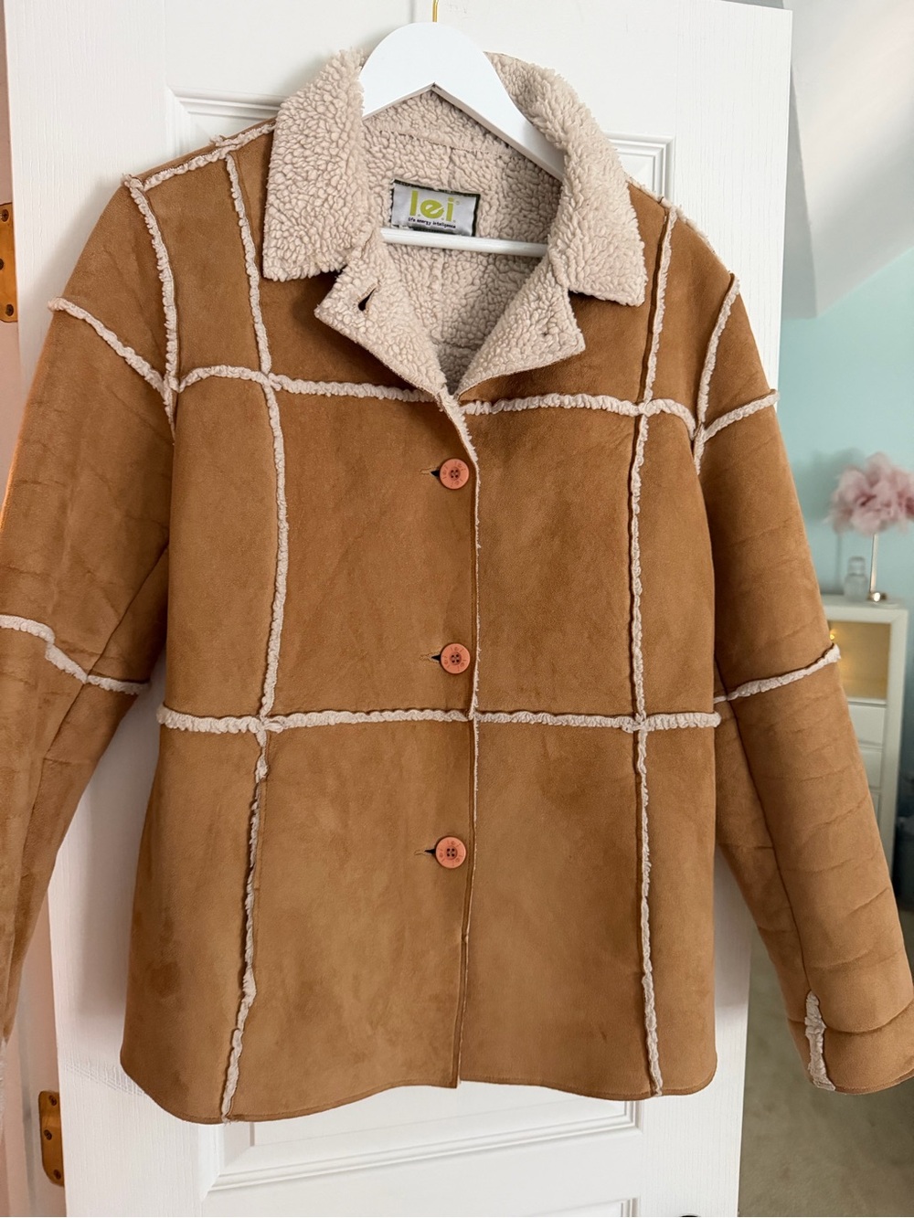 lei Tan Suede Teddy-Trim Button Jacket